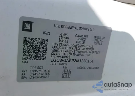 2021 Chevrolet Express Cargo Rwd 2500 Regular Wheelbase Wt z USA, uszkodzony, nr VIN 1GCWGAFP2M1230154